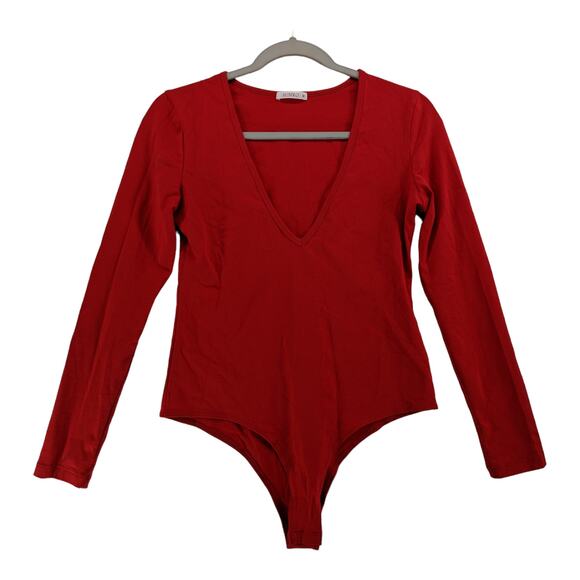 Sunro Long Sleeve Bodysuit Medium Red V Neck Layering One Piece Snap Casual Work - Picture 1 of 9